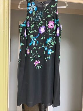 Papell Boutique Black Midi Dress with Blue and Purple Floral Print